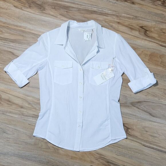 🔥NWT Ci Sono White Buttoned 3/4 Cuffed Roll Tab Sleeve Top Large - Picture 2 of 10